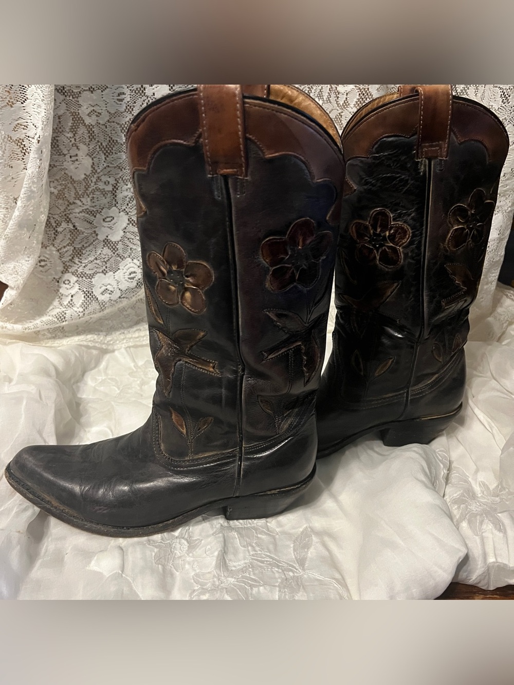 Bed Stu Valencia leather black brown floral flower cowboy boots 9.5